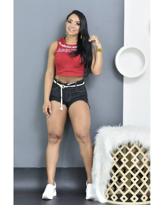 Short Jeans Tattus Preto com Cintura Média e Barra Desfiada - 526881